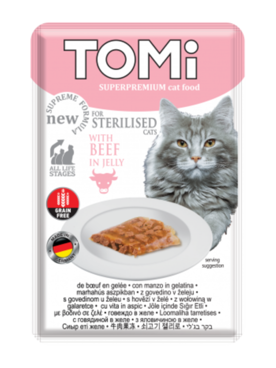 TOMi 85g pouch for sterilised cats – beef in jelly
