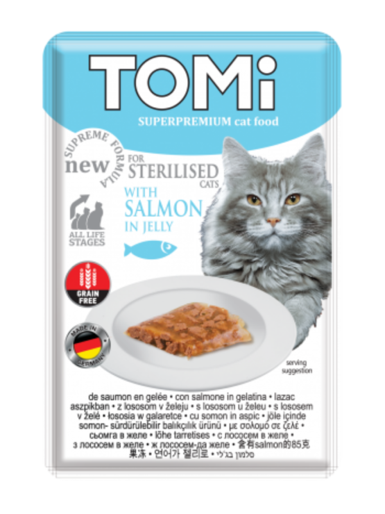 TOMi 85g pouch for sterilised cats – salmon in jelly